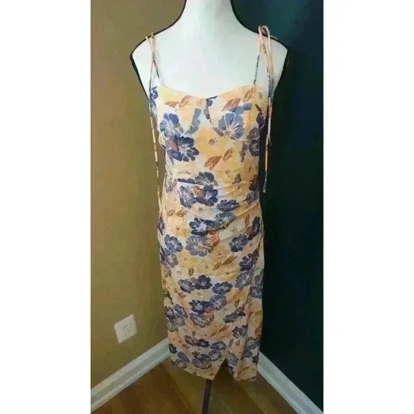 Tie Shoulder Bustier Smocked Split Floral Vacation Midi Slip Dress - Size M - Picture 3 of 15